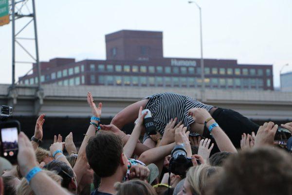 Brad Shultz of Cage the Elephant crowd surfs at the Forecastle Festival in Louisville, Ky., on Friday, July 17, 2015. (MTSU Sidelines / John Connor Coulston)