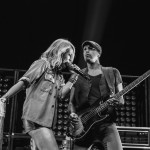 Emily Haines, left, and Joshua Winstead, right, of Metric perform at Bridgestone Arena in Nashville, Tenn. on Wednesday, June 8, 2015, The performance was part of Imagine Dragons' "Smoke + Mirrors" tour. (MTSU Sidelines / Andre Rowlett)