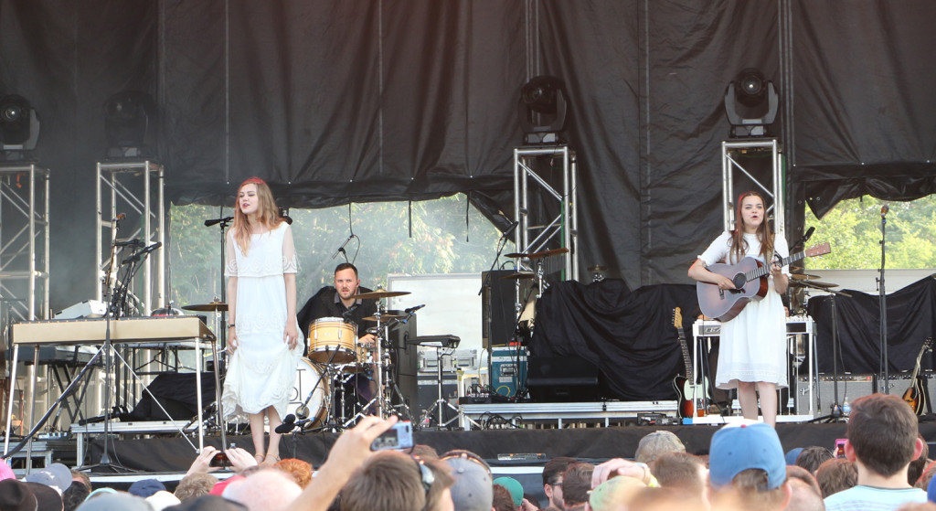 Johanna Söderberg, left, Scott Simpson, center, and Klara Söderberg, right, of First Aid Kit perform at the Sloss Music & Arts Festival in Birmingham, Ala., on Saturday, July 18, 2015. (MTSU Sidelines / John Connor Coulston)