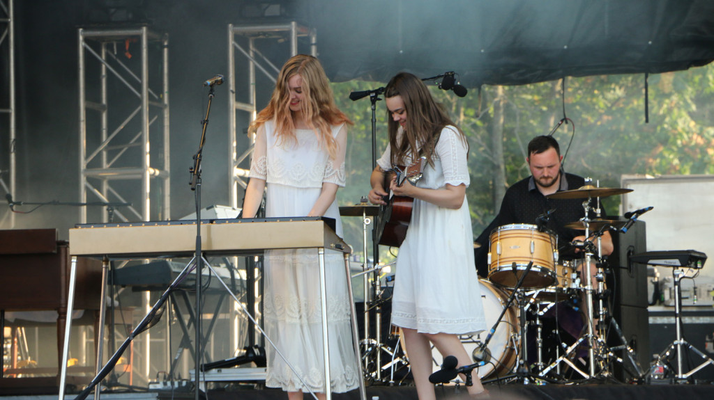 Johanna Söderberg, left, Klara Söderberg, center, and Scott Simpson, right, of First Aid Kit perform at the Sloss Music & Arts Festival in Birmingham, Ala., on Saturday, July 18, 2015. (MTSU Sidelines / John Connor Coulston)