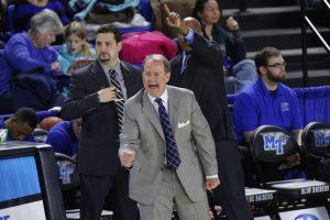 Head Coach Kermit Davis (center) said the team's victory on January 24 was due in part to the home crowd in Murphy Center. (Greg French/MTSU Sidelines)