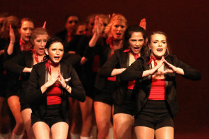 Members of Alpha Omicron Pi competing in Phi Beta Sigma's "Stepping for a Cure" step show Friday, February 14, 2015. All proceeds from the event went to St. Jude's Children Research Hospital. (Greg French / MTSU Sidelines)