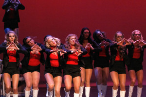 Members of Alpha Omicron Pi competing in Phi Beta Sigma's "Stepping for a Cure" step show Friday, February 14, 2015. All proceeds from the event went to St. Jude's Children Research Hospital. (Greg French / MTSU Sidelines)