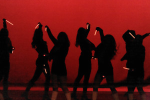 Members of Alpha Omicron Pi competing in Phi Beta Sigma's "Stepping for a Cure" step show Friday, February 14, 2015. All proceeds from the event went to St. Jude's Children Research Hospital. (Greg French / MTSU Sidelines)