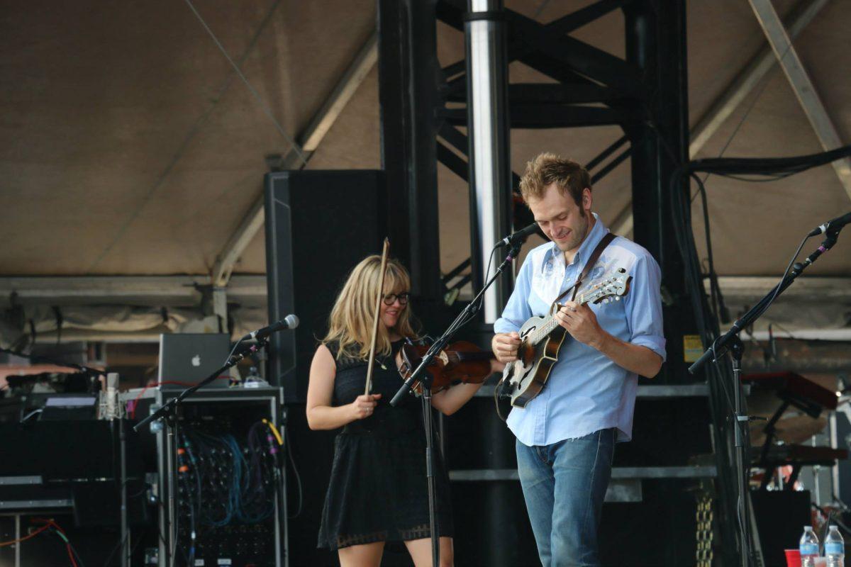 Sara Watkins, left, and Chris Thile, right, of Nickel Creek perform at the Forecastle Festival in Louisville, Kentucky on Sunday, July 20, 2015. (MTSU Sidelines / Dylan Skye Aycock)