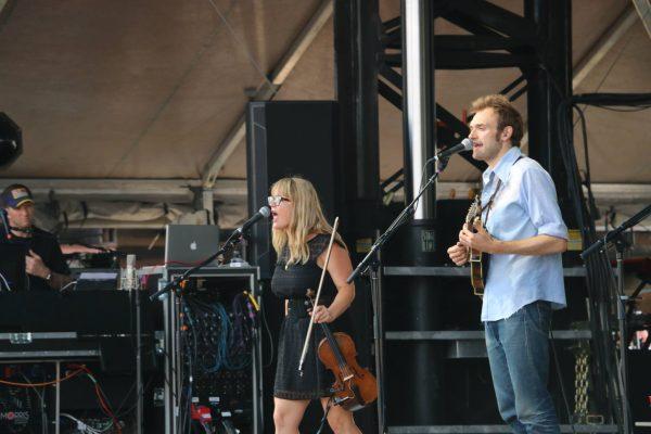 Sara Watkins, left, and Chris Thile, right, of Nickel Creek perform at the Forecastle Festival in Louisville, Kentucky on Sunday, July 20, 2015. (MTSU Sidelines / Dylan Skye Aycock)