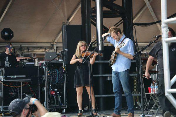 Sara Watkins, left, and Chris Thile, right, of Nickel Creek perform at the Forecastle Festival in Louisville, Kentucky on Sunday, July 20, 2015. (MTSU Sidelines / Dylan Skye Aycock)