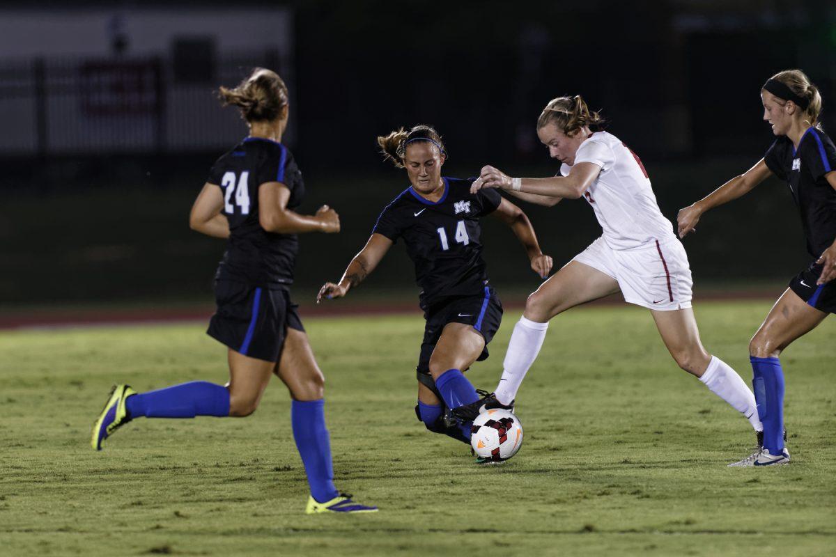 MTSU Blue Raider soccer faced Alabama's Crimson Tide on Sunday night in the Blue Raider's first home game of the season.

Photos by Greg French
MTSU Sidelines
Staff Photographer