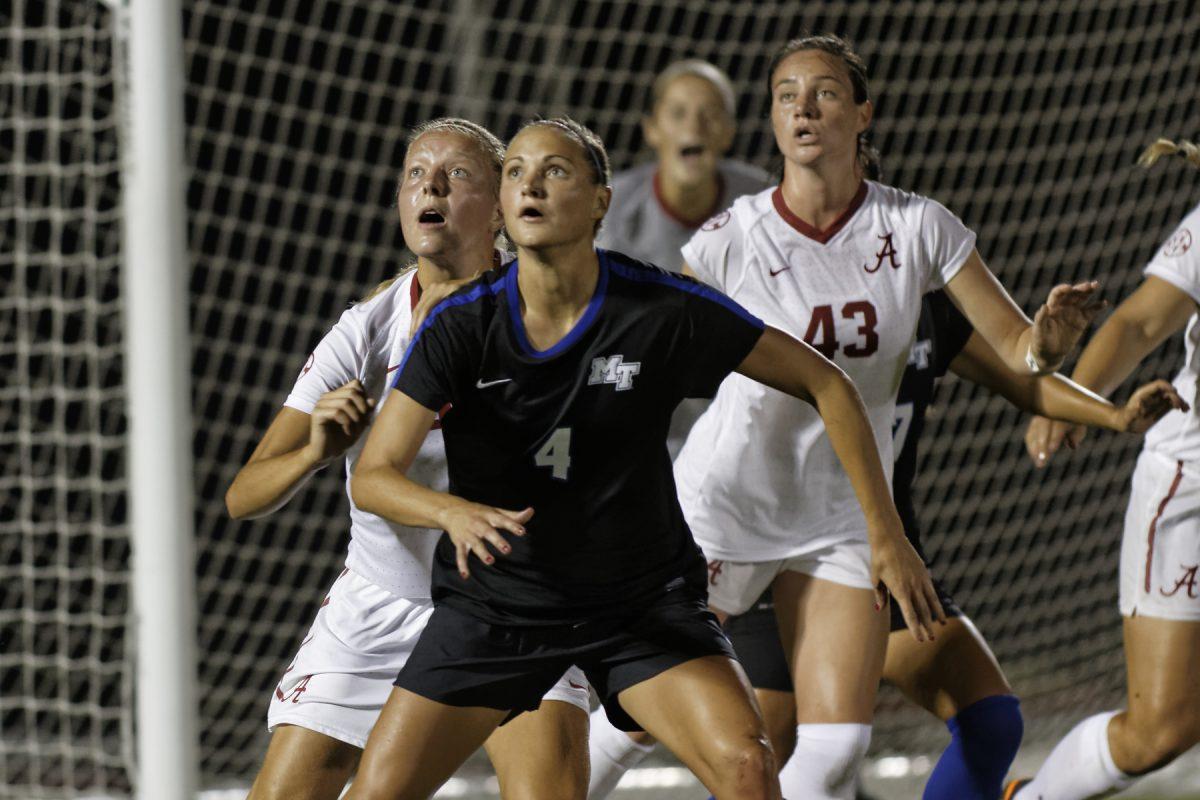 MTSU Junior Grace Summers scored the game-tying second point Sunday night against Alabama's Crimson Tide.

Photos by Greg French
MTSU Sidelines
Staff Photographer