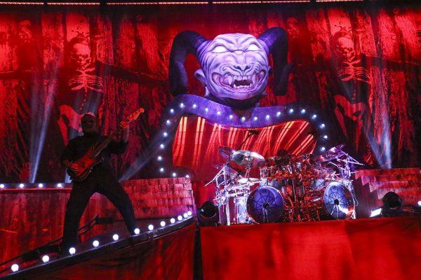 Slipknot touring bassist Alessandro Venturella, left, and the band's unknown drummer, right, perform at Bridgestone Arena in Nashville, Tenn. on Friday, Nov. 22, 2014. The band was playing a headlining show on their "Prepare for Hell" Tour. (MTSU Sidelines/Matt Masters)