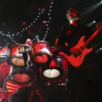 Slipknot percussionist Shawn Crahan, left, and guitarist Jim Root, right, perform at Bridgestone Arena in Nashville, Tenn. on Friday, Nov. 22, 2014. The band was playing a headlining show on their "Prepare for Hell" Tour. (MTSU Sidelines/Matt Masters)