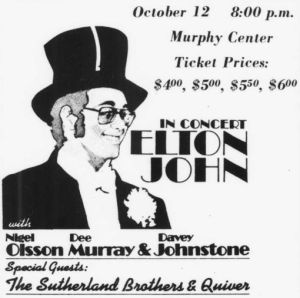 Advertisement for Elton John's performance at Murphy Center on Oct. 12, 1973.(File/MTSU Sidelines)