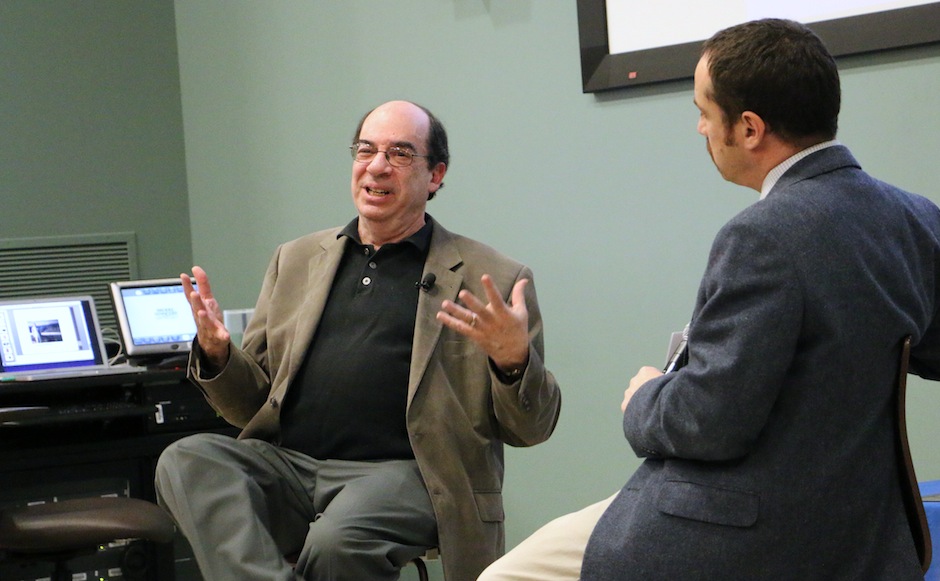 Music journalist Billy Mazor, left, discusses the impact of music publisher Ralph Peer with Director of the Center for Popular Music Gregory Reish,right, on Monday, Jan. 26, 2014 in the College of Education. Mazor is the author of "Ralph Peer and the Making of Popular Roots Music." (John Connor Coulston / MTSU Sidelines)