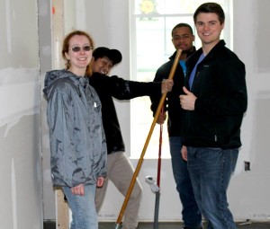 Students Rebecca Clippard, Hermon Phuntling, Brandon Lewis and Jackson Jones help build a home with Habitat for Humanity on March 11, 2015 as part of Alternative Spring Break. (MTSU Sidelines/Dylan Skye Aycock)