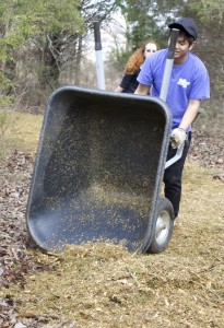 Freshman Mass Communication student Hermon Phuntling and Sophomore Liberal Arts student Rebecca Clippard help mulch trails at Stone River Battlefield on March 12, 2015 as part of Alternative Spring Break. The annual program allow students to volunteer in the community instead of going on vacation. (MTSU Sidelines/Dylan Skye Aycock)