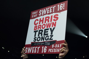 A fan holds up a sign at Bridgestone Arena in Nashville, Tenn. on Sunday, March 1, 2015. The concert was a part of Chris Brown's and Trey Songz's "Between the Sheets" tour. (Andre Rowlett / MTSU Sidelines)