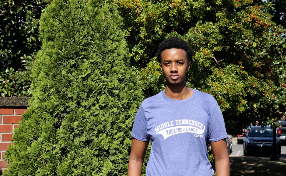 Elvis Karegeya stands outside the Boutwell Dramatic Arts building on MTSU's campus in Murfreesboro, Tenn. on Tuesday, October 18, 2016. (MTSU Sidelines/ Olivia Ladd)