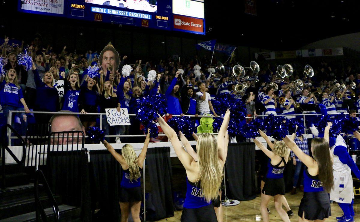 MTSU students, MT Dance Team, and the Band of Blue cheer on the Blue Raiders during a game against Louisiana Tech on Jan. 29, 2017. (Photo by Tyler Lamb/Sports Editor) 