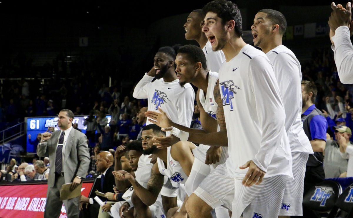 The MTSU bench celebrates after a big during a game against Louisiana Tech on Jan. 29, 2017. (Photo by Tyler Lamb/Sports Editor) 