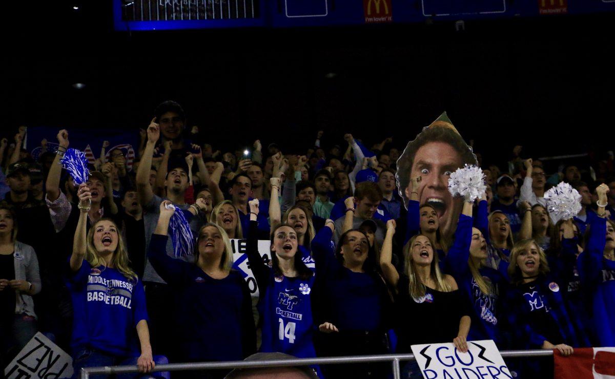 The Blue Zoo, MTSU's student section, cheering during a game against Louisiana Tech on Jan. 29, 2017. (Photo by Tyler Lamb/Sports Editor)