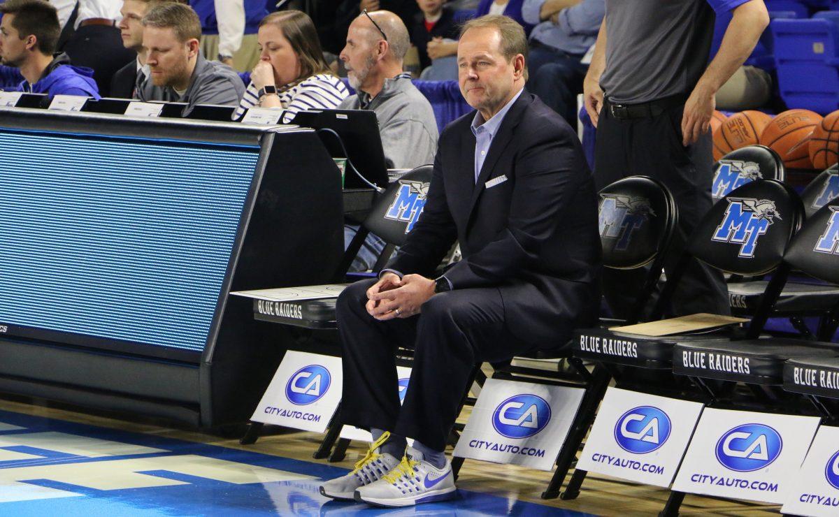 Head Coach Kermit Davis supporting "Coaches vs. Cancer" by wearing sneakers with his suit during Saturday night's game against Louisiana Tech. (Photo by Tyler Lamb/Sports Editor)