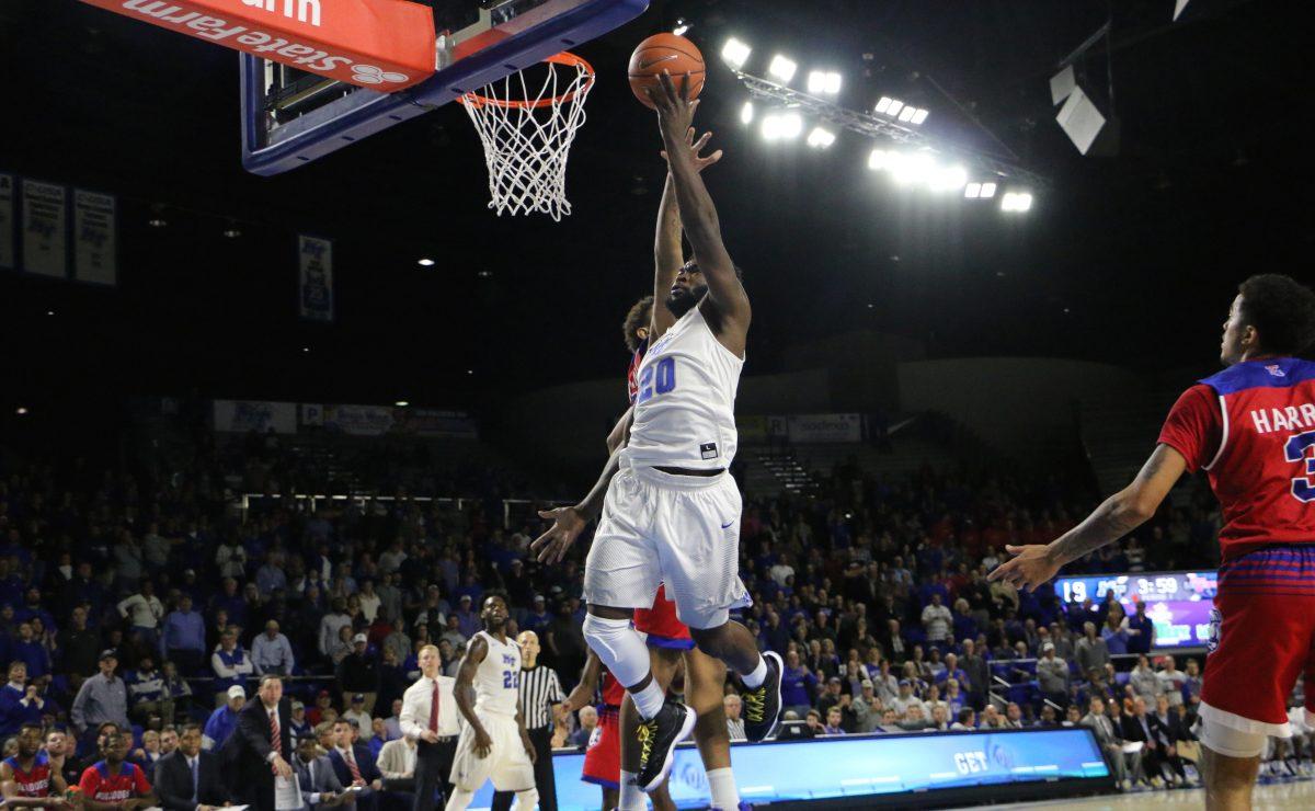 Giddy Potts lays the ball in during a game against Louisiana Tech on Jan. 29, 2017. (Photo by Tyler Lamb/Sports Editor)