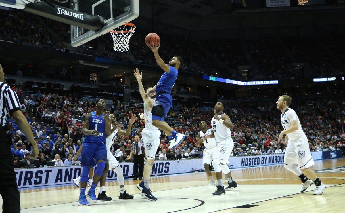 Antwain Johnson lays the ball in the basket during an NCAA Tournament second-round game against Butler in Milwaukee, WI on March 19, 2017. (MTSU Sidelines/Tyler Lamb)