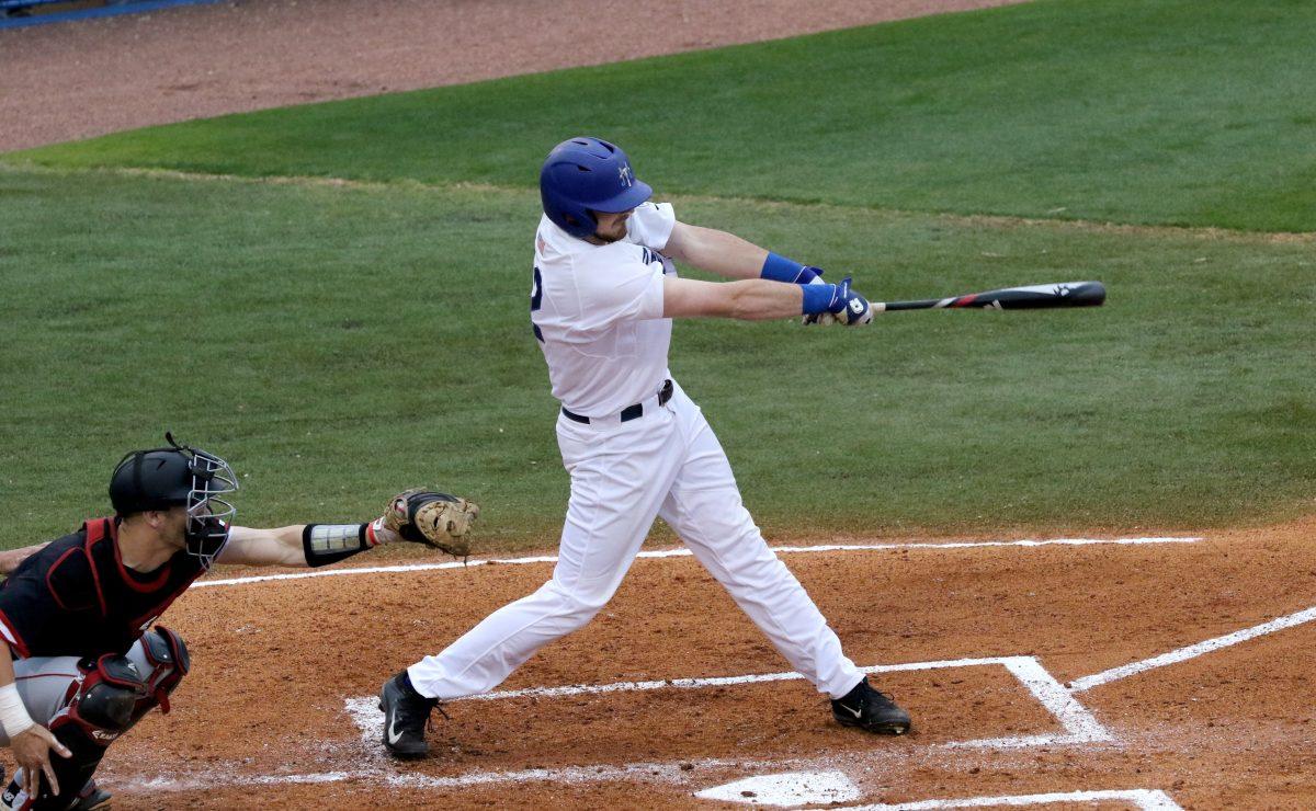 Blake Benefield smashes a hit during a game against WKU on March 24, 2017. (MTSU Sidelines/Tyler Lamb)