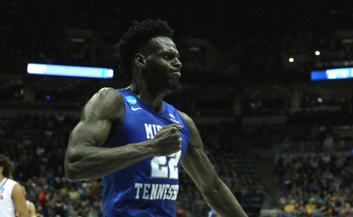 JaCorey Williams celebrates after an And-1 made basket in an NCAA Tournament first-round game against Minnesota in Milwaukee, WI on March 16, 2017. (MTSU Sidelines/Tyler Lamb)