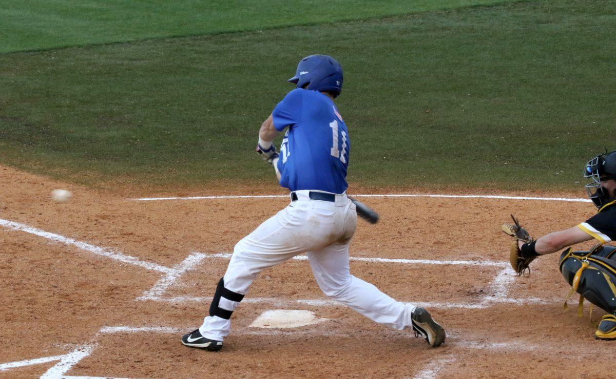 Aaron Aucker swings at a ball during a game against Southern Miss on April 29, 2017. (MTSU Sidelines/Tyler Lamb) 