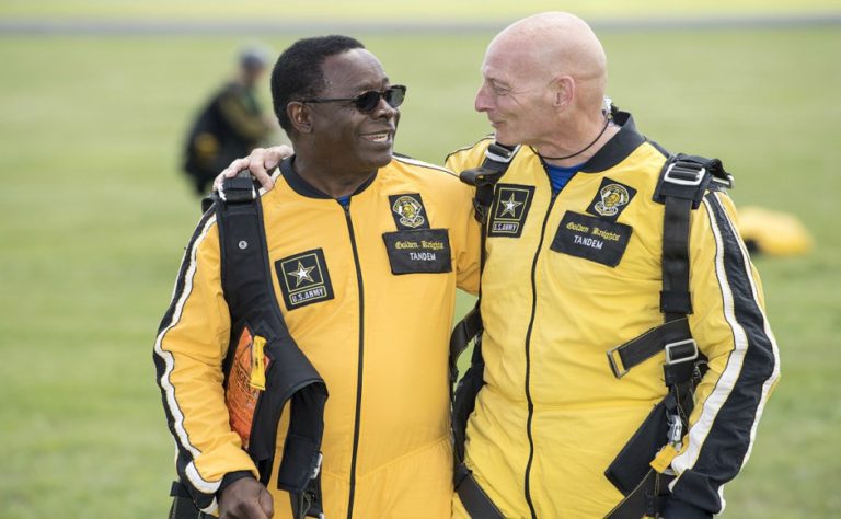 MTSU President Sidney McPhee, retired Lt. Gen. Keith M. Huber participate in 13,000 foot tandem parachute jump with Army Golden Knights