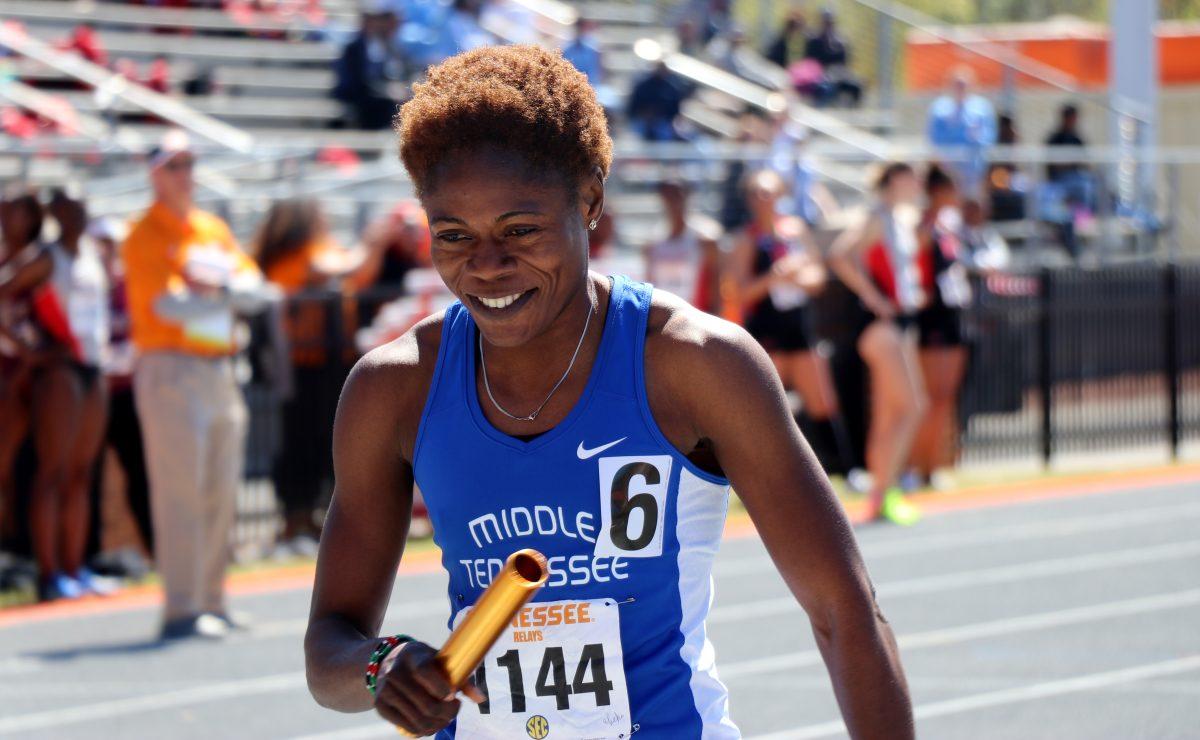 Abike Egbeniyi smiling after a race during the Tennessee Relays in Knoxville, TN on April 8, 2017. (MTSU Sidelines/Jonathan Clark)