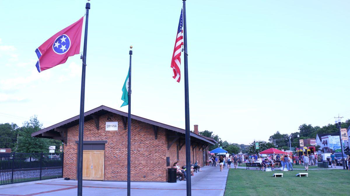 The Smyrna Depot District building (left) and Front Street (right). (Caleb Revill / MTSU Sidelines)