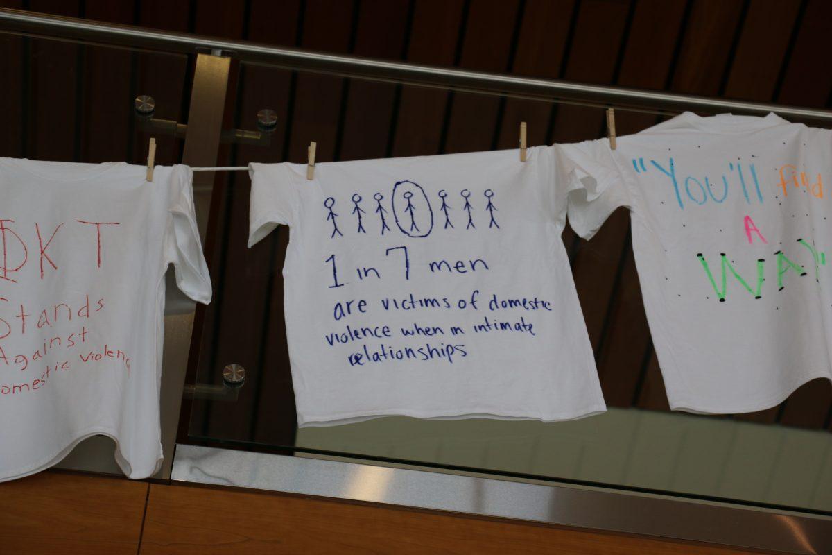 One shirt in the Student Union Building has a statistic that reads, “1 in 7 men are victims of domestic violence when in intimate relationships," on Wednesday, April 11, 2018, in Murfreesboro, Tenn. (Savannah Meade / MTSU Sidelines)