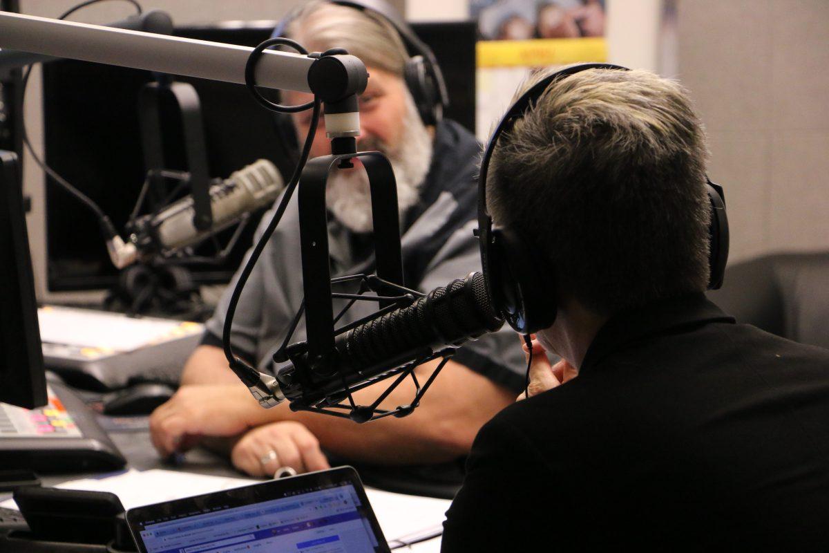 WMOT Executive Director Val Hoeppner participates in the station's pledge drive on Thursday, April 25, 2019. (MTSU Sidelines / Andrew Wigdor)