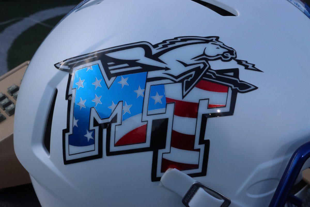 MTSU football players wore special helmets as apart of the Salute to Veterans and Armed Forces. (Stephen Thomas / MTSU Sidelines)