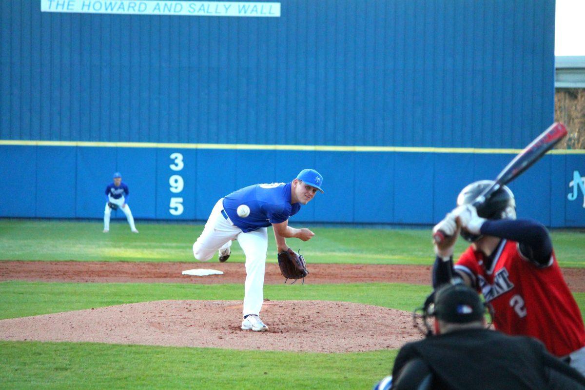 Freshman Jack Julian fires a pitch into the zone against a Belmont batter. (Will Carter / Sports Editor)