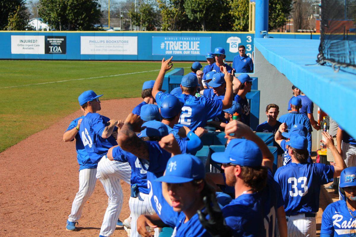 The Blue Raiders showing some energy after a big inning against ODU. (Will Carter / Sports Editor)