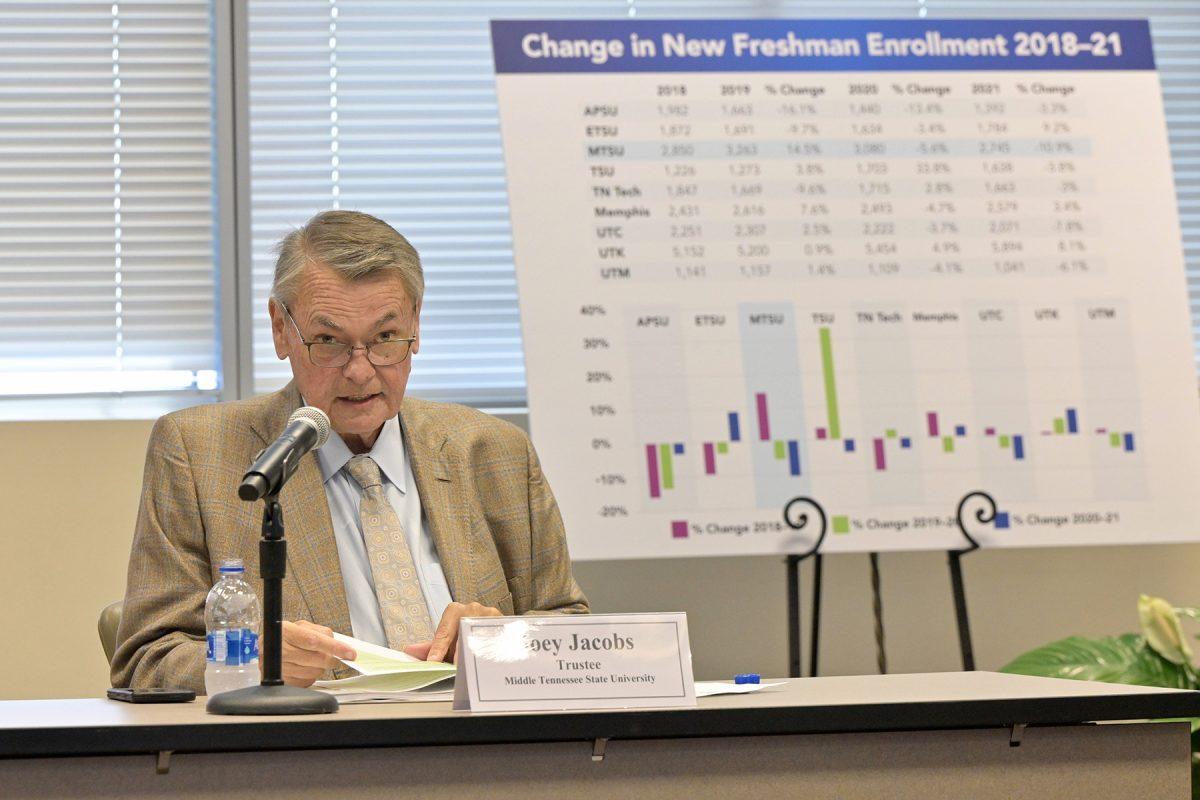 MTSU Trustee Joey Jacobs discusses flat tuition rates for the coming academic year during the June 14 Board of Trustees meeting held at the Miller Education Center on Bell Street. (MTSU photo by Andy Heidt)