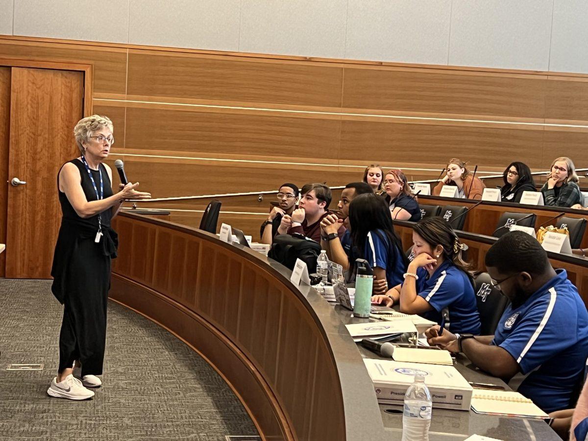 Middle Tennessee State University's Vice President for Student Affairs Debra Sells addresses the 85th Congress of the Student Government Association. (Photo by Matthew Giffin)