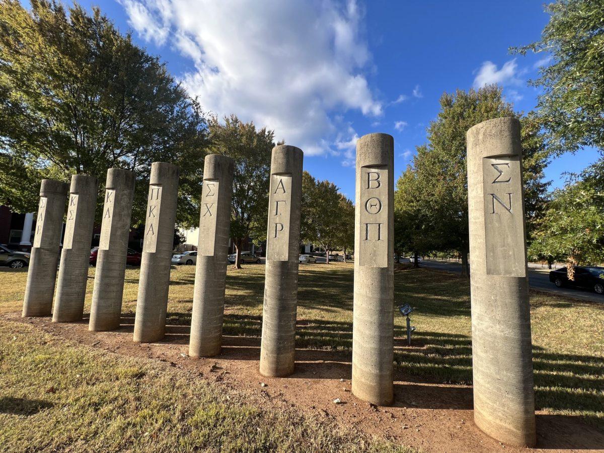 The monolith statues at Middle Tennessee State University's Greek Row display the symbols of Greek Life organizations on campus. (Photo by Matthew Giffin)