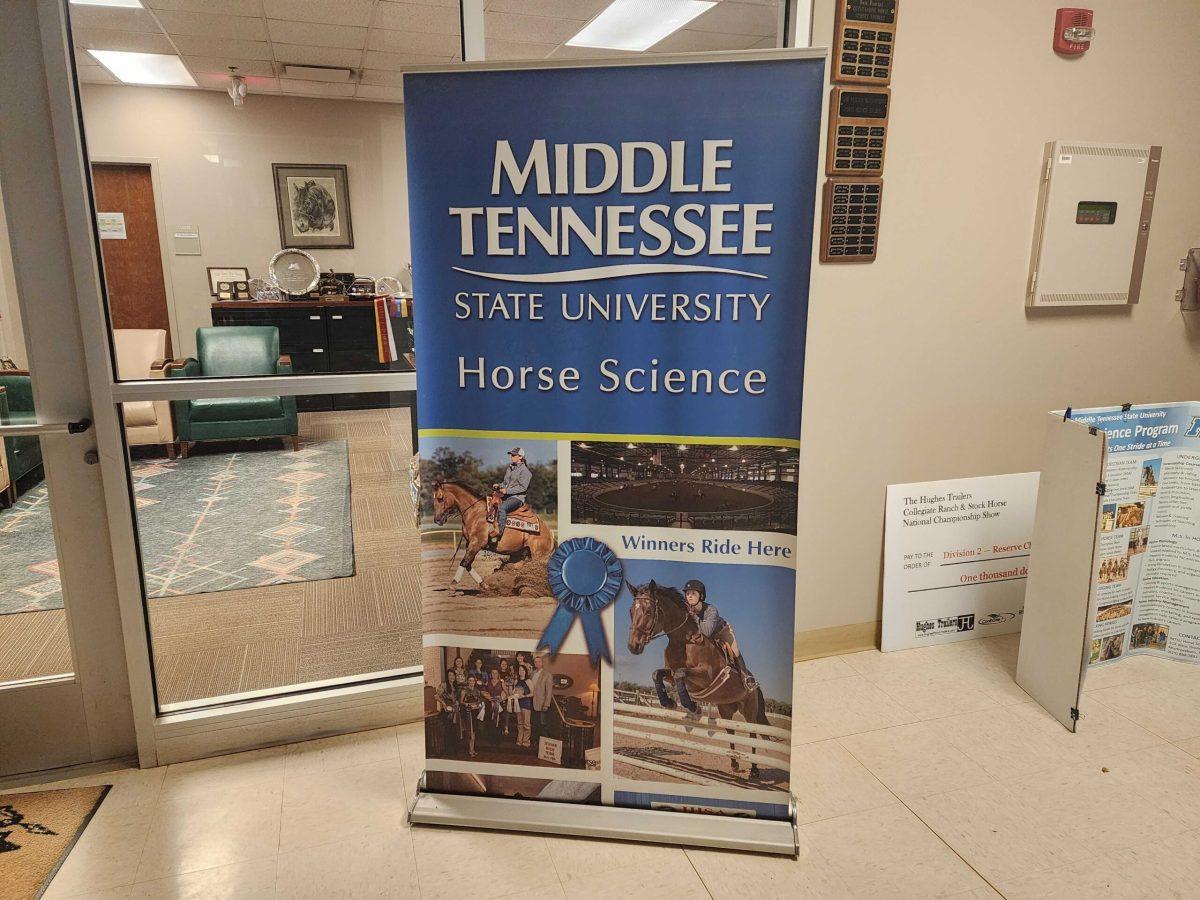 MTSU Horse Science banner in the Horse Science Center.
(Photo by Jordan Reining)