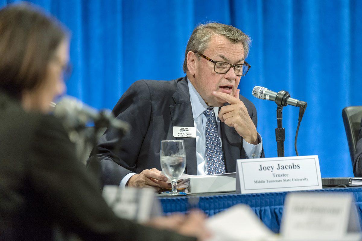 In this December 2017 file photo, Board of Trustees member and alumnus Joey Jacobs makes a point during the trustees winter meeting inside the Student Union Ballroom. Jacobs died Saturday, Jan. 14, after an extended illness. (MTSU file photo by J. Intintoli)