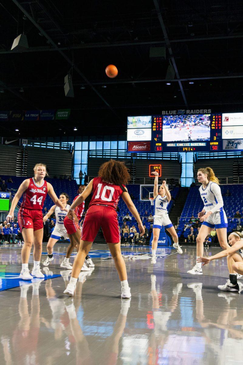 Savannah Wheeler shoots a 3-pointer in MTSU's 68-50 win over Louisiana Tech. (Photo by Reggie Johnson)