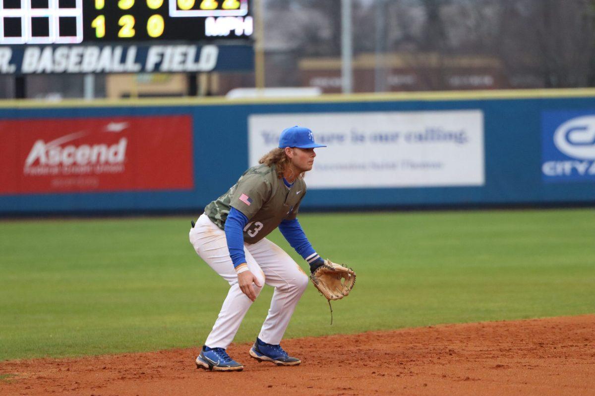 MTSU shortstop Brett Coker prepares for the pitch. (Photo by Luke Larkin)