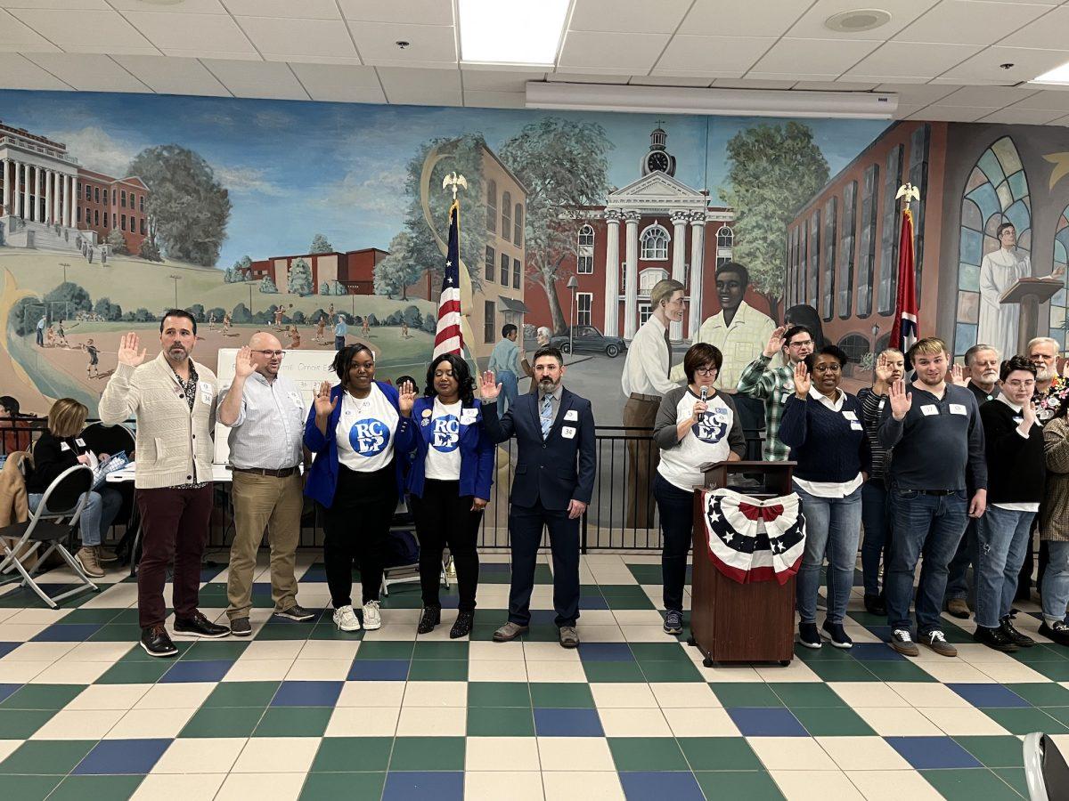 New leadership for the Rutherford County Democratic Party is sworn in to their positions after the meeting concludes. (Photo by Jenene Grover)