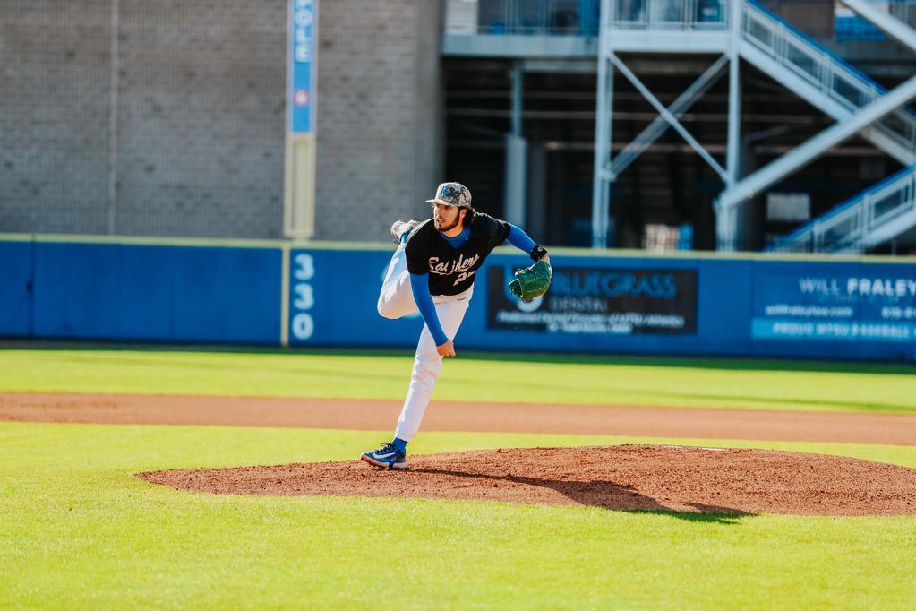 Jaden Hamm throws a pitch in MTSU baseball's win over Evansville at Reese Smith Jr. Field. (Photo by Cameron Wimberly)