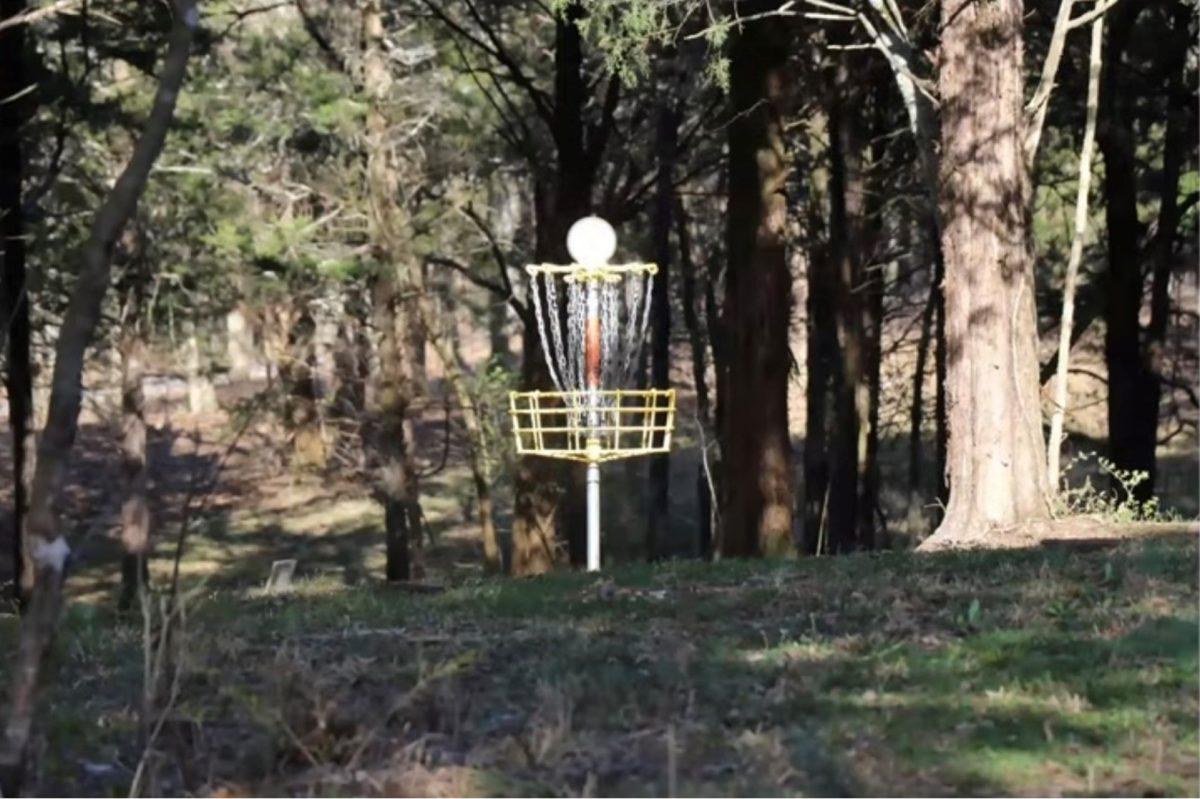 A disc golf basket is used to signal the completion of each hole on a disc golf course. (Photo by Adam Brown)