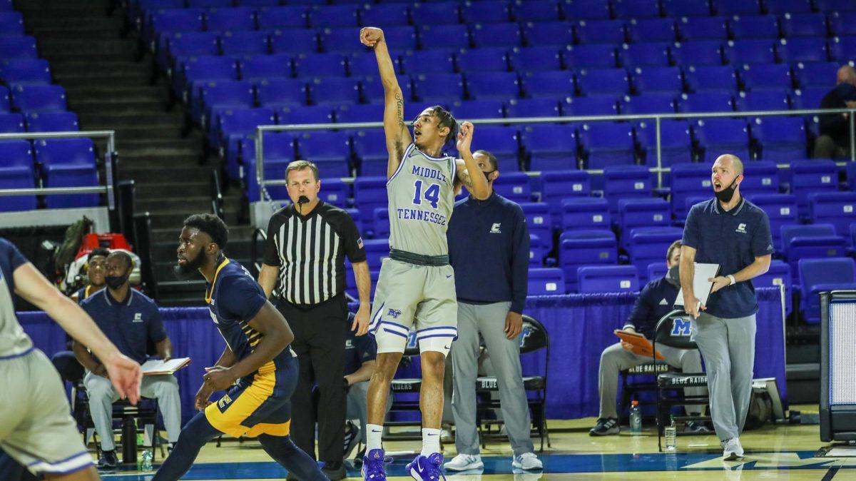 Jalen Jordan rises for a shot attempt. (Photo by MTSU Athletics)