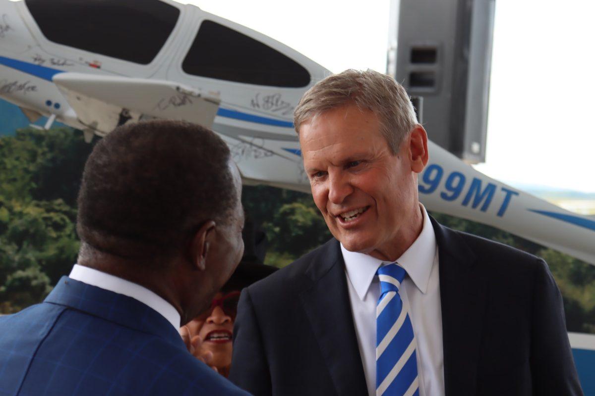 MTSU President Sidney A. McPhee (left) shakes Tennessee Gov. Bill Lee's hand (right). (Photo by Noah McLane)